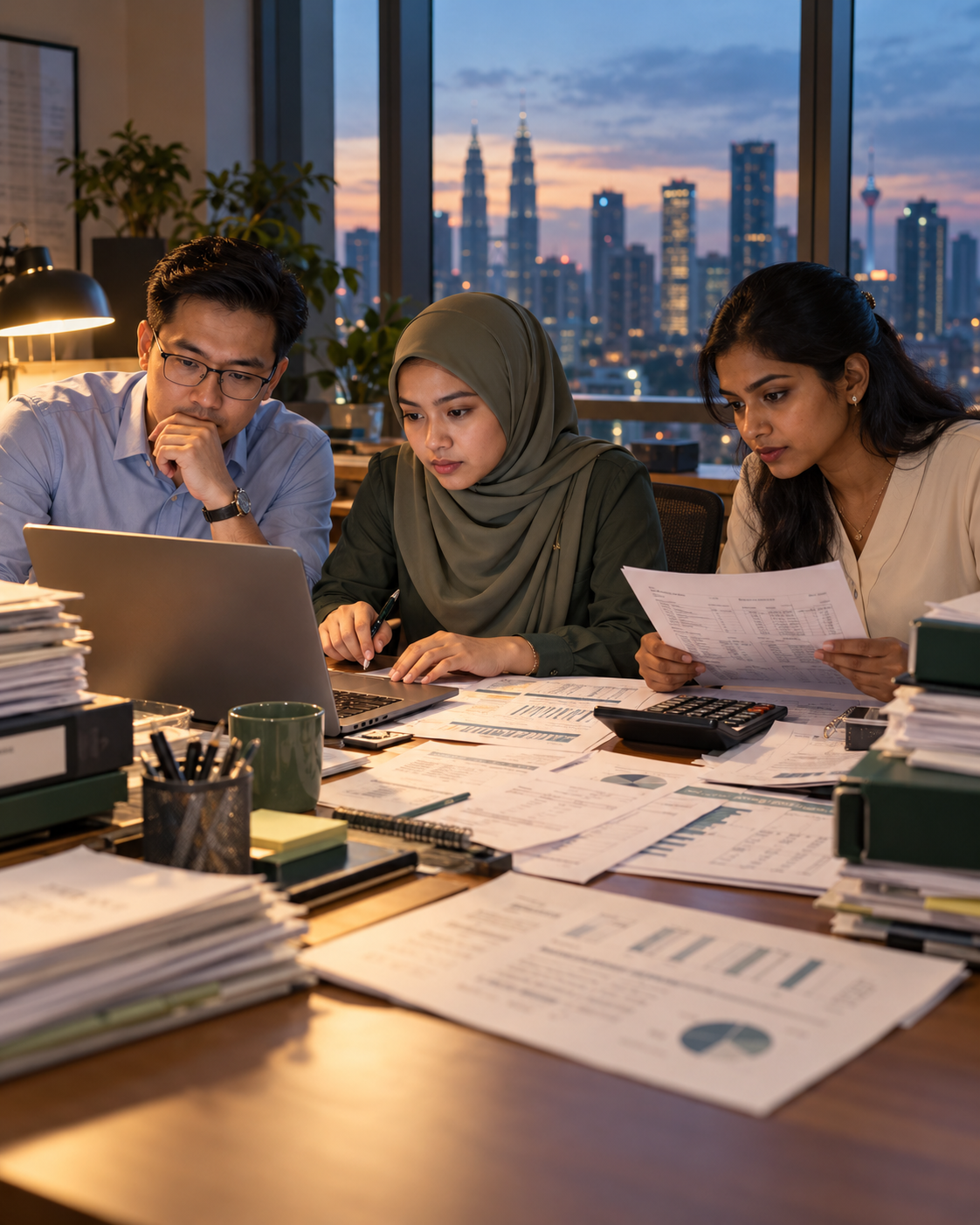 Malaysian finance staff working late in a Kuala Lumpur office, reviewing financial documents, spreadsheets and stacks of paperwork.
